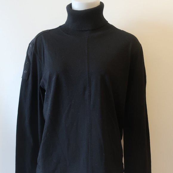 Womens John Bartlett Black Wool Blend Mixed Media Turtleneck Sweater L * - Picture 5 of 11